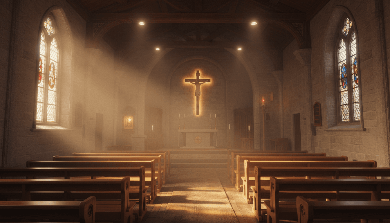 Peaceful chapel interior with warm soft lighting and quiet spiritual atmosphere